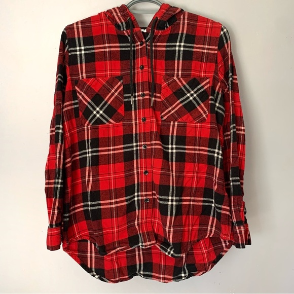 Red Plaid Shacket Hooded Shirt MyStyle Size Large - Picture 1 of 7